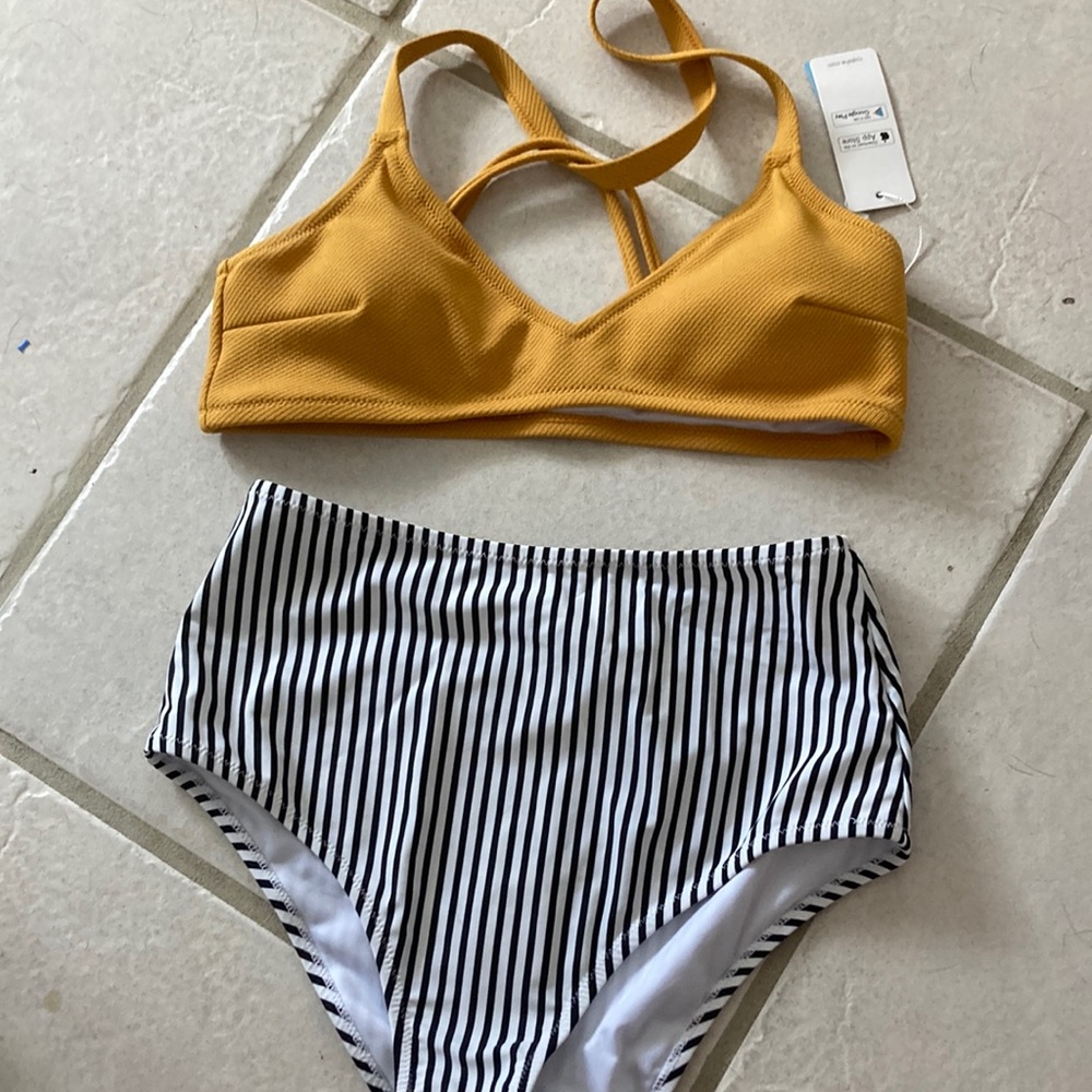 Brand new bathing suit. Mustard top and Striped high waisted bottoms.